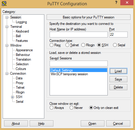 putty default settings